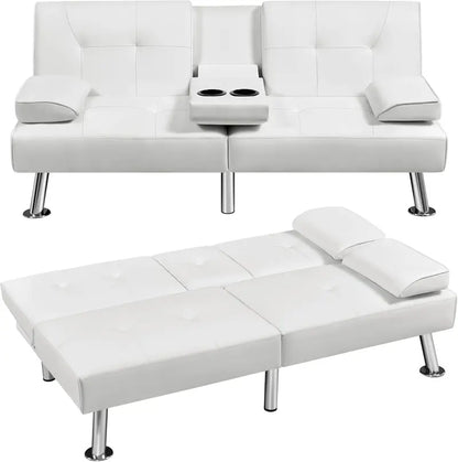 Yaheetech Faux Leather Convertible Sofa Bed  Reversible Loveseat with Removable Arms & 3-Position Recline