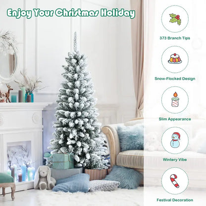 Hinged Snow-Flocked Pencil Christmas Tree  Ultra-Slim Pre-Lit Holiday Tree