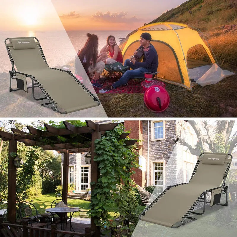 Premium Folding Chaise Lounger  Ergonomic 4-Angle Design with Integrated Pillow Pocket