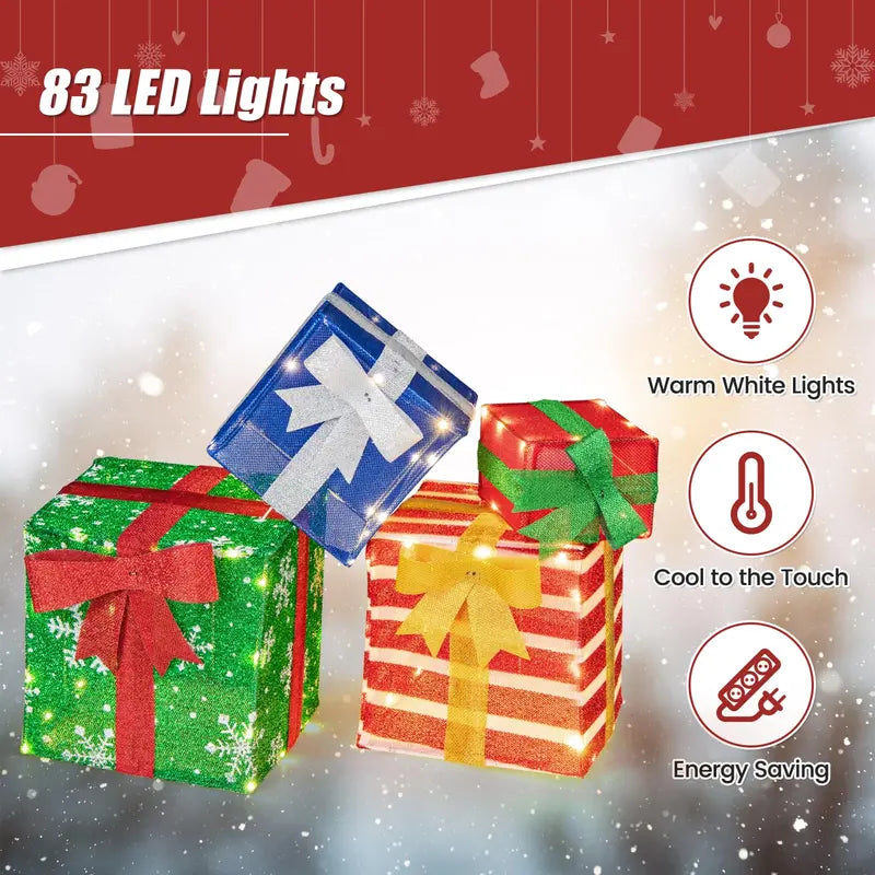 Set of 4 Stackable Pre-Lit Gift Box Decorations with Warm White LEDs &amp; Integrated Ribbons