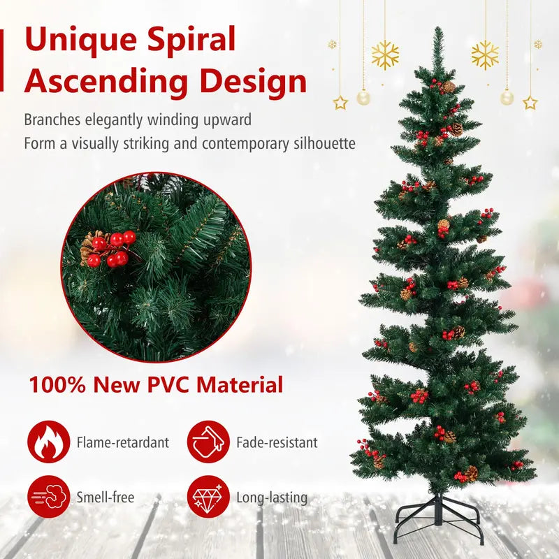 6-Foot or 7-Foot Spiral Pre-Lit Christmas Tree Featuring Pine Cones, Red Berries, and Realistic Tips