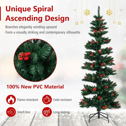 6-Foot or 7-Foot Spiral Pre-Lit Christmas Tree Featuring Pine Cones, Red Berries, and Realistic Tips