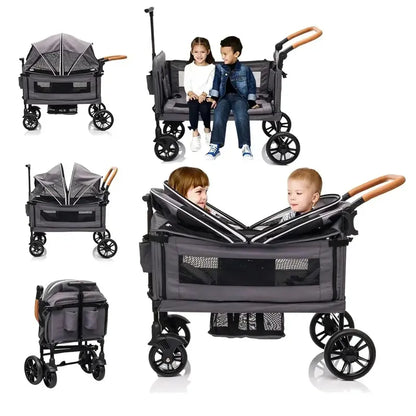 Dual-Kid Cargo Wagon Stroller — Lightweight Foldable Push-Pull Travel Stroller for Two Children