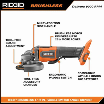 RIDGID 18V Brushless Cordless 4-1/2 in. Paddle Switch Angle Grinder with (2) 4.0 Ah Batteries, Charger, and Bag R86047B-AC93044SBN