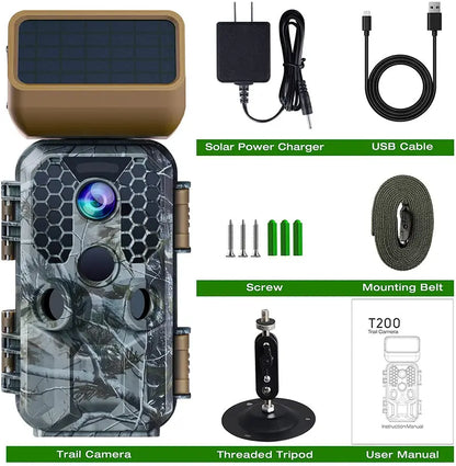 T200 Solar-Powered Trail Camera  4K Video, 30MP Photos, WiFi & Bluetooth Connectivity