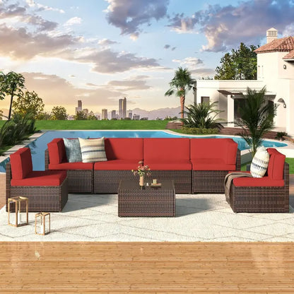 7-Piece PE Rattan Patio Furniture Set  Navy Cushioned Sectional Sofa, Tea Table & Black Wicker Frame for Backyard Use