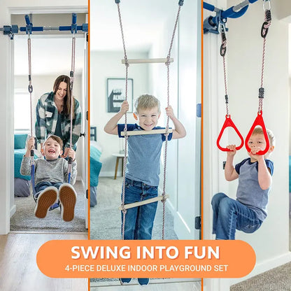 6-Piece Indoor Gym Kit for Kids  Swing Chair, Trapeze Rings, Climbing Ladder, Rope, Pull-Up Bar & Accessories