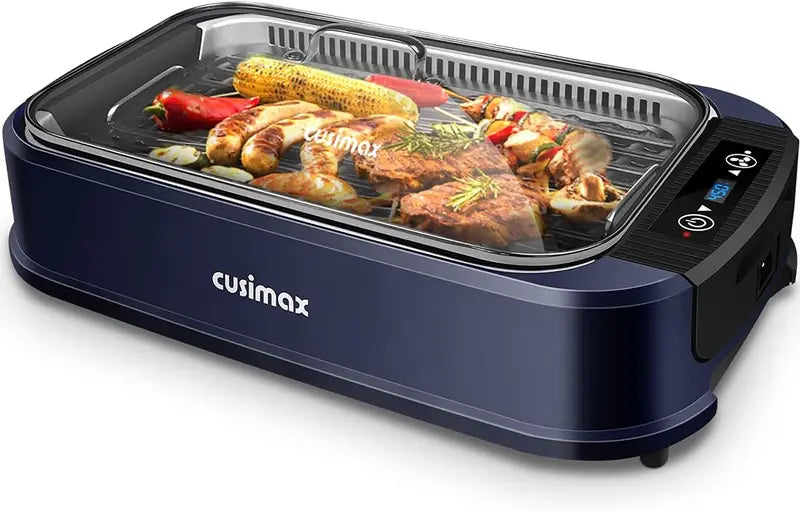 CUSIMAX Smokeless Indoor Grill: Turbo Smoke Extraction, Non-Stick Removable Plate, Tempered Glass Lid, and Compact Korean BBQ Design
