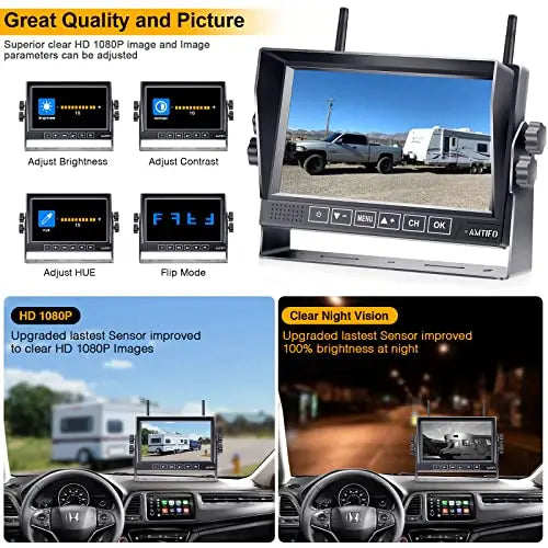 AMTIFO RV Backup Camera Wireless Touch-Key 7-Inch Monitor Split Screen 4 Channels for Campers/5th Wheels