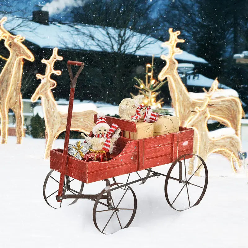 Wooden Wheeled Wagon Planter  Decorative Rolling Garden Planter for Patios and Landscapes