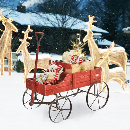 Wooden Wheeled Wagon Planter  Decorative Rolling Garden Planter for Patios and Landscapes