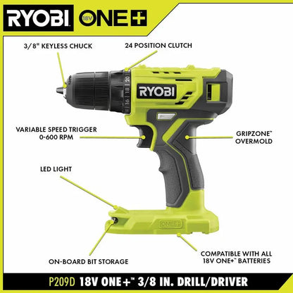 RYOBI ONE+ 18V Cordless 3/8 in. Drill/Driver Kit with 1.5 Ah Battery and Charger PDD209K