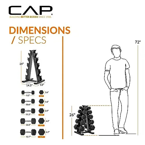 CAP Barbell 150 lb Hex Dumbbell Set with Coated Weights and Vertical Storage Rack  Black Finish