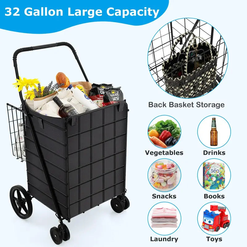 Heavy-Duty Folding Grocery Cart  330-LB Capacity, Dual Baskets, and 360° Swivel Wheels
