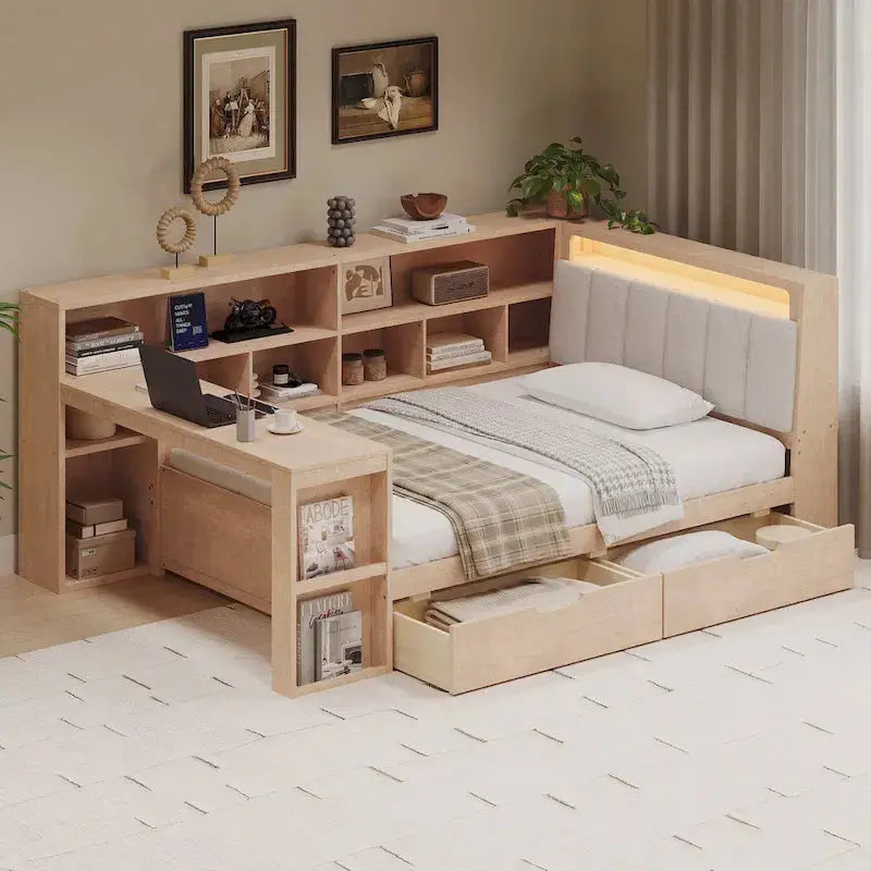 L-Shaped Upholstered Sofa Daybed with Built-in Desk, Bookcase, LED Headboard, and Under-Bed Storage