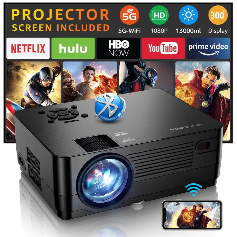 Roconia 5G Wifi Bluetooth Native 1080P Projector, 13000LM Full HD Movie Projector, 4K Home Theater,(Projector Screen Included)