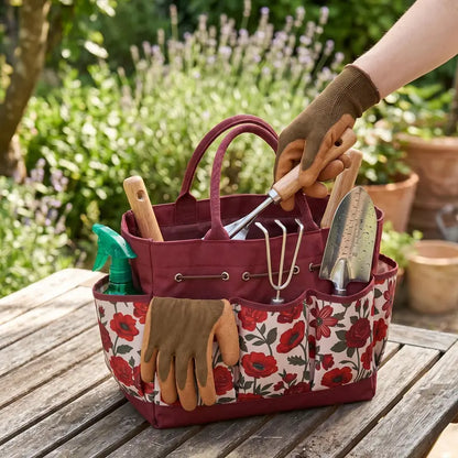 9-Piece Floral Garden Tool Set with Carry Tote and Ergonomic Hand Tools