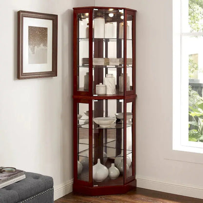Cherry-Finished Corner Curio Cabinet  6-Tier Display Shelf with Interior Lighting & Adjustable Mirrored Back