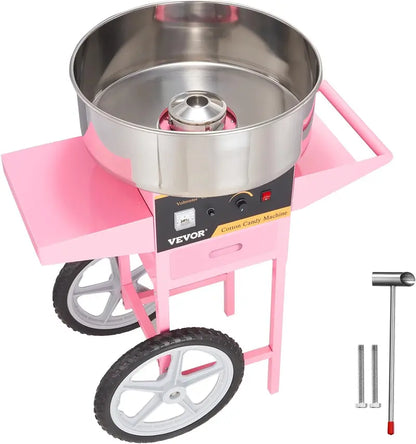 Commercial-Grade Cotton Candy Machine with Cart  1000W Stainless Steel Floss Maker, Includes Scoop & Sugar Drawer, Pink Finish