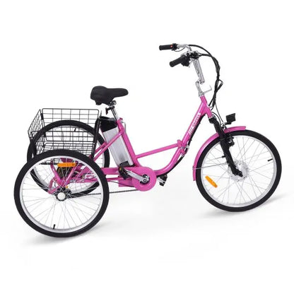 Adult Folding Electric Tricycle  7-Speed, 24″ Wheels, 250W Motor, Removable 36V Battery & 330-LB Load Capacity (Pink)