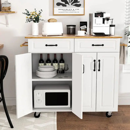 White Rolling Kitchen Island Cart with Storage — Wooden Countertop, 2 Drawers, 4 Cabinets, Towel Racks & Adjustable Shelves