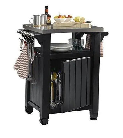 Keter Unity Stainless Steel Outdoor Table & Storage Cabinet  Dark Grey Patio Kitchen Island with Grill Accessory Hooks