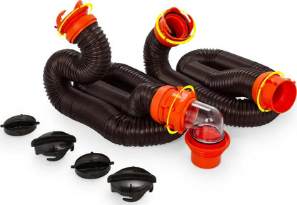 Camco RhinoFLEX 20‘ Sewer Hose Kit with Swivel Fittings & 4-in-1 Adapter, Model 39744, Multicolor