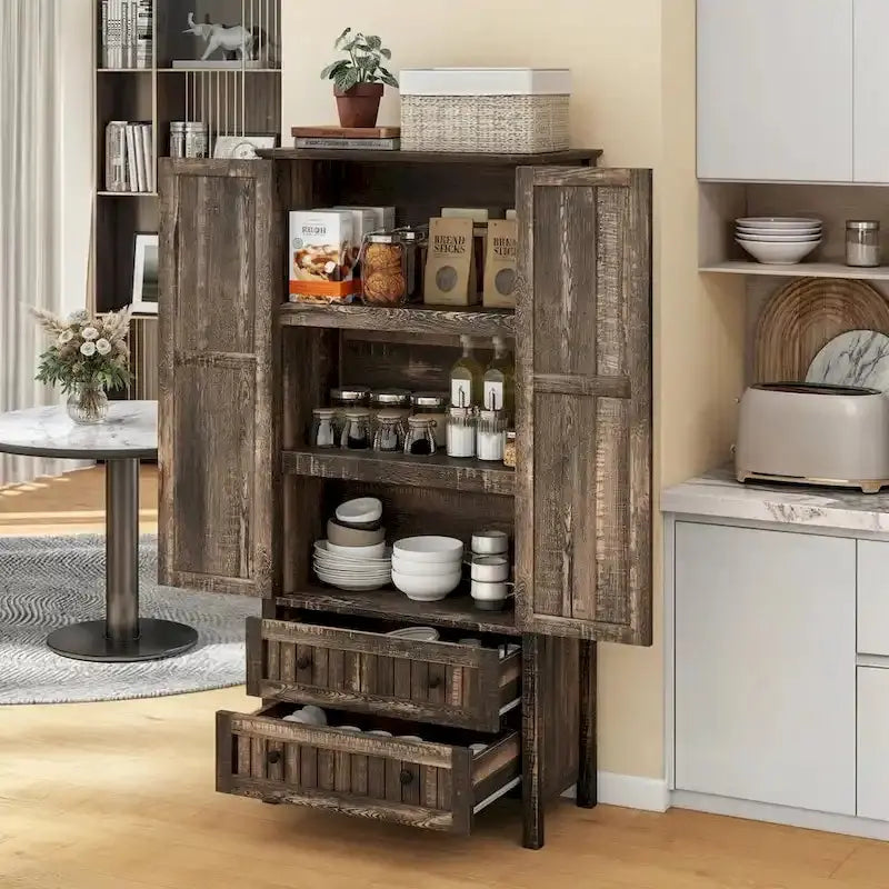 64″ Tall Farmhouse Kitchen Pantry Cabinet  Dual Drawers & Adjustable Shelving