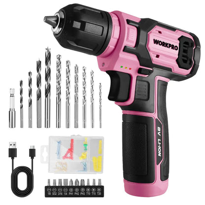 WORKPRO 8V Cordless Drill Kit — 53-Piece Bit Set, 2.0Ah Battery, 3/8″ Keyless Chuck, Pink Ribbon Storage