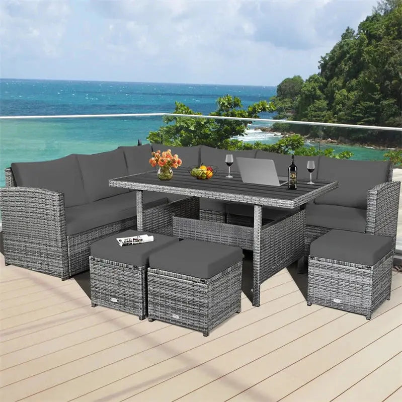 7-Piece Rattan Patio Dining Set  Sectional Sofa, Table, Ottomans & Weather-Resistant Cushions