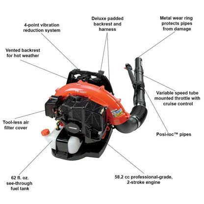 ECHO PB-580T Backpack Leaf Blower  58.2cc 2-Stroke Gas Engine, 216 MPH Air Speed, 517 CFM Output, Ergonomic Tube-Throttle Design
