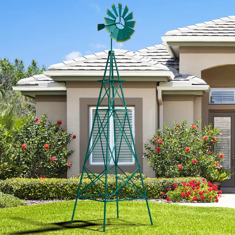 8-Foot All-Weather Ornamental Metal Windmill with Four-Point Base and Weathervane Feature