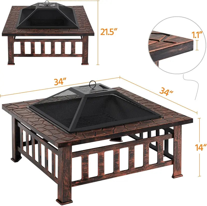 Yaheetech 32-Inch Square Fire Pit Table  Multifunctional Outdoor Heating Unit for Patios, Gardens, Camping & Picnics