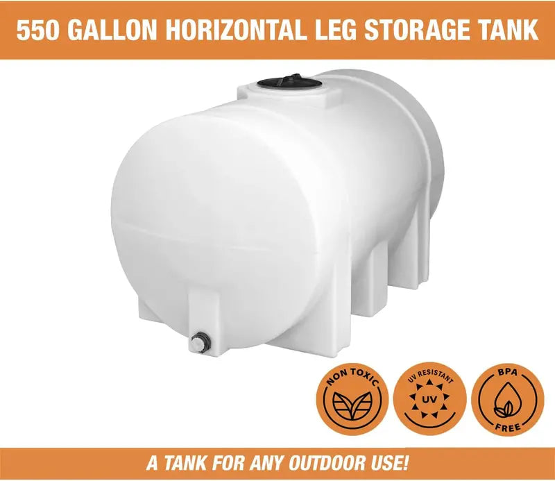 Horizontal Polyethylene Water Storage Tank  550-Gallon Reservoir with Support Legs, USA-Made, Corrosion-Resistant