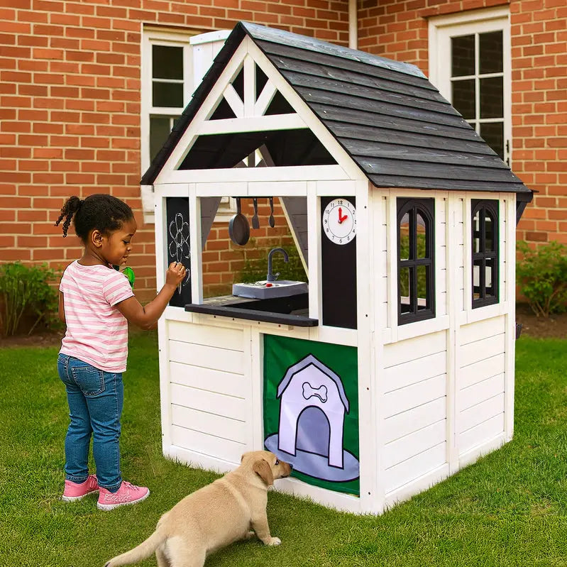 CocluB Wooden Kids’ Playhouse  Outdoor Pretend Play Structure for Ages 48 with Functional Doorbell, Toy Phone, Kitchen Set, and Bilingual Labeling