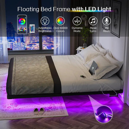 OLEVS Floating Queen Platform Bed — Smart LED Lighting, Sleek Metal Frame & Minimalist Style
