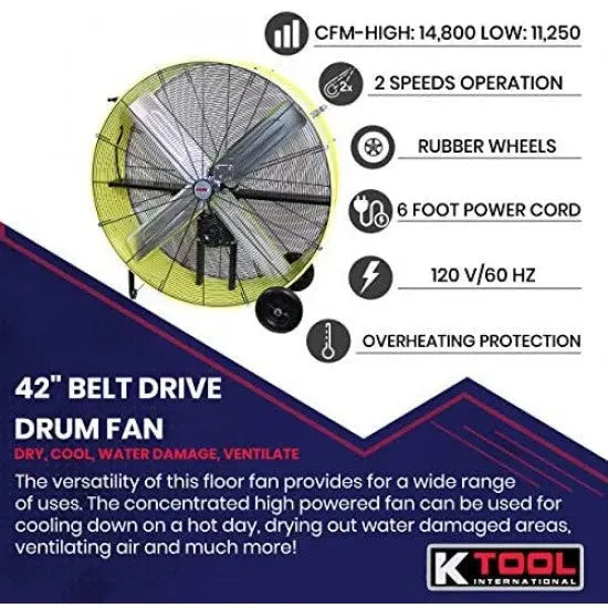 K Tool International 42-Inch Belt-Drive Drum Fan  Industrial 2-Speed with Safety Yellow Housing