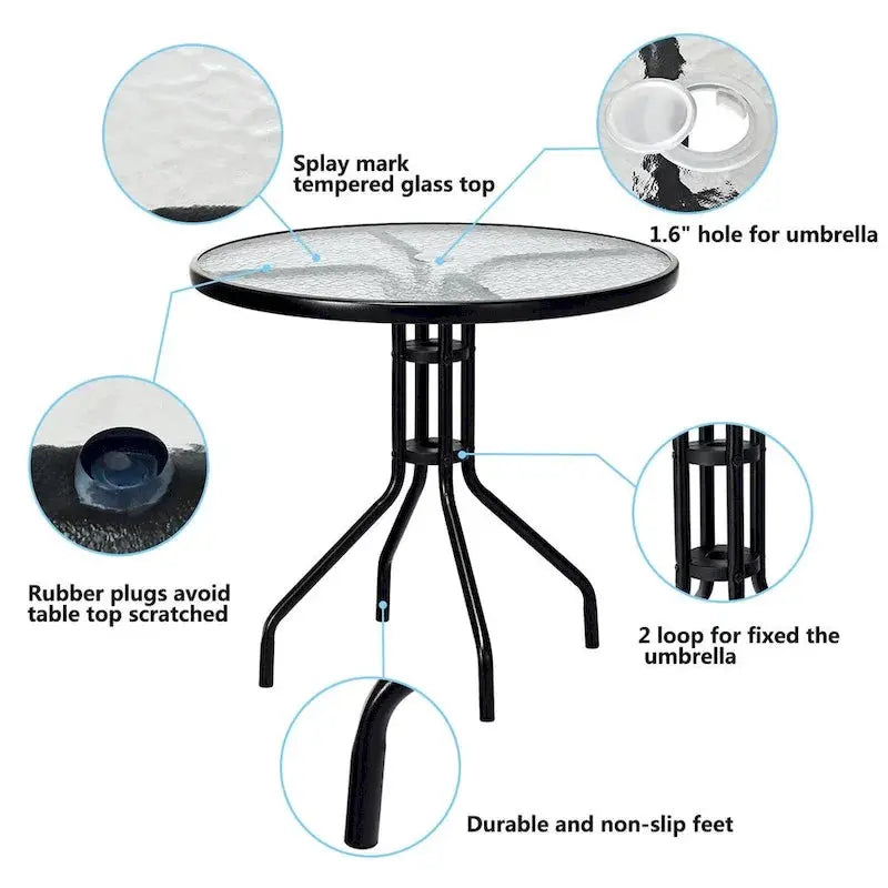 Costway 32-Inch Outdoor Patio Round Table  Tempered Glass Top with Powder-Coated Base