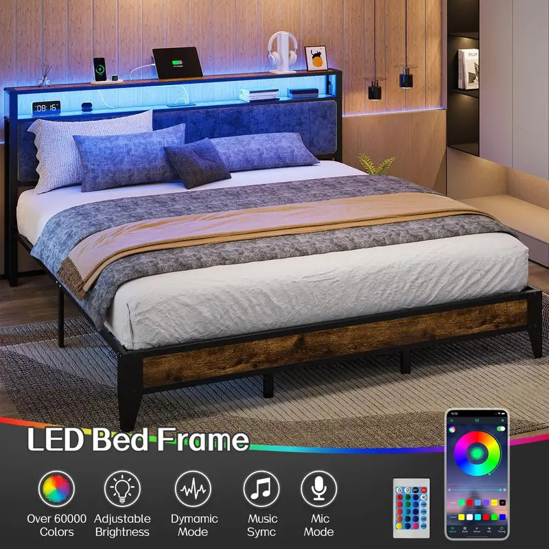 OLEVS Single Metal Platform Bed with LED-Lit Storage Headboard & USB Charging Station