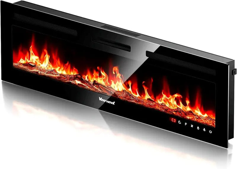 60-Inch Wall-Mounted Electric Fireplace  Realistic Flame Effect Heater with Touchscreen, Remote, Timer & Log/Crystal Media, 7501500W Output