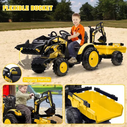 24V 3-in-1 Ride-On Tractor  Excavator & Bulldozer Modes, Remote, LED, USB/Bluetooth (Yellow)