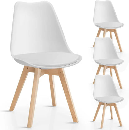 Set of Four Mid-Century Modern Armless Dining Chairs: Padded Seats, Wood Legs, and Clean White Finish for Kitchens and Waiting Areas