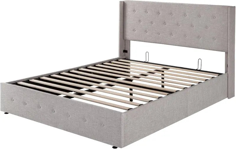 Allewie Modern Hydraulic Lift Queen Storage Bed  Wingback Headboard, Light Beige