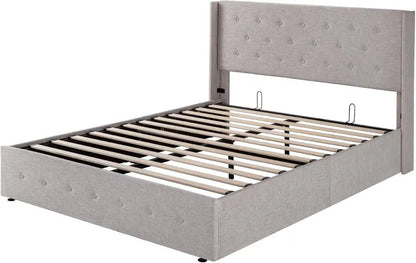 Allewie Modern Hydraulic Lift Queen Storage Bed  Wingback Headboard, Light Beige