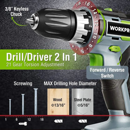 WORKPRO 20V 2-in-1 Combo Kit: Cordless Drill Driver + Impact Driver with Dual 2.0Ah Batteries & Fast Charger