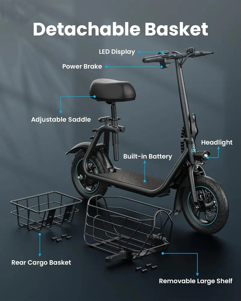 550W Electric Scooter with Front Basket  Commuter-Friendly E-Scooter for Urban Travel