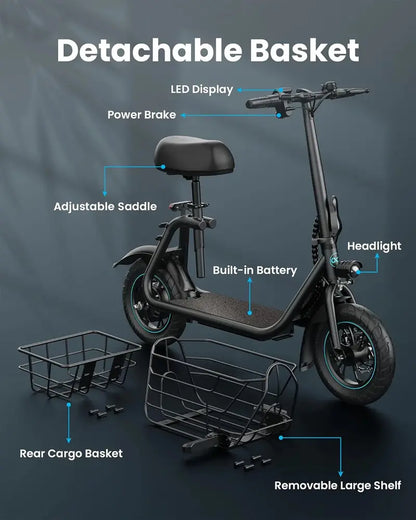 550W Electric Scooter with Front Basket  Commuter-Friendly E-Scooter for Urban Travel