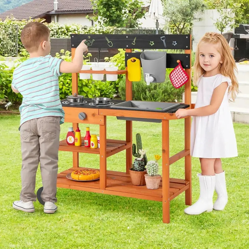 OLAKIDS Outdoor Mud Kitchen Playset  Rolling Wooden Kids’ Cooking Station with Removable Sink, Accessories, and All-Terrain Wheels for Ages 3+