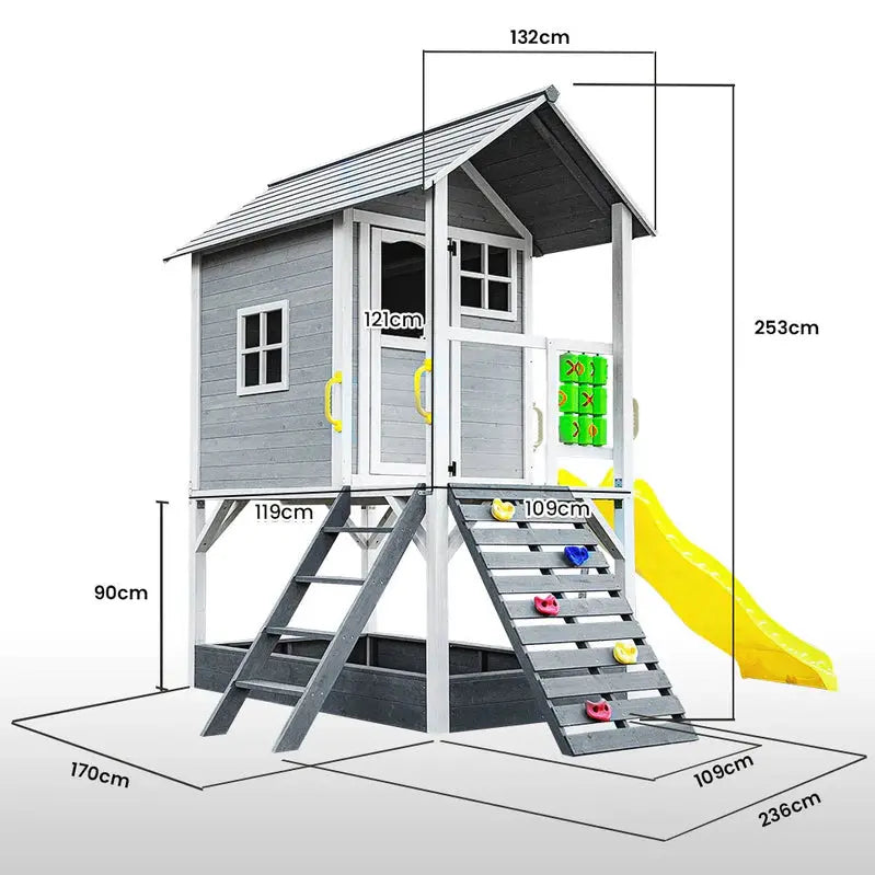 Rovo Wooden Tower Cubby House for Kids  Features Slide, Sandpit, Climbing Wall & Tic-Tac-Toe Game Board