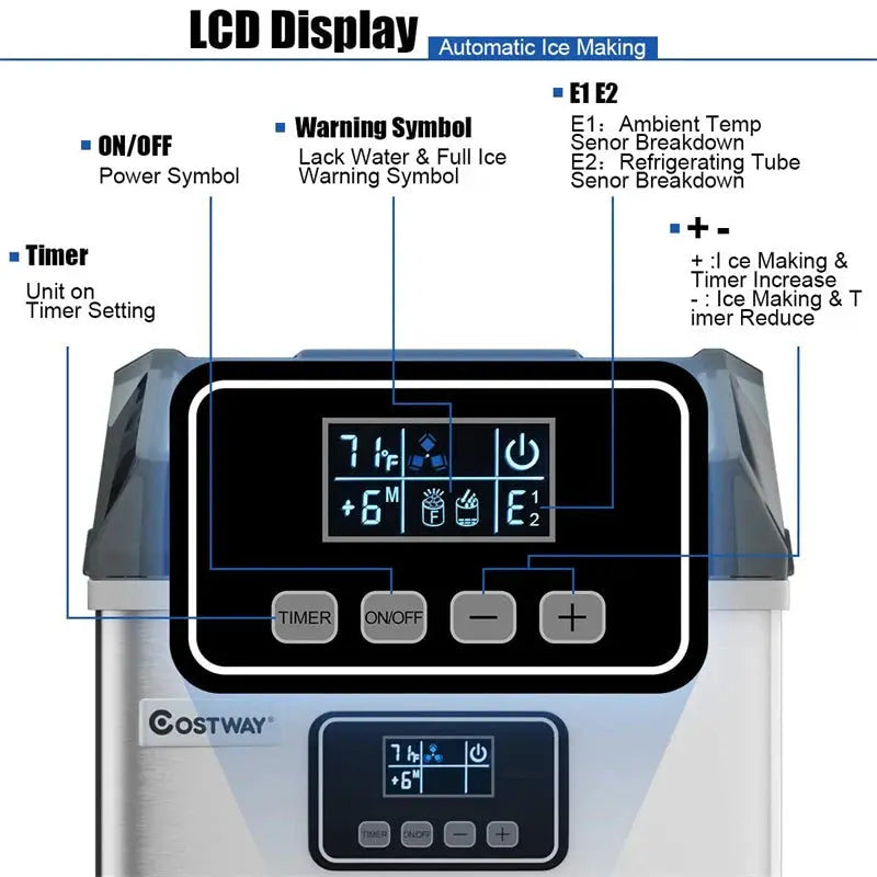 24-Hour Stainless Steel Countertop Ice Maker  48LB Capacity, LCD Display, Self-Cleaning Function & Included Scoop